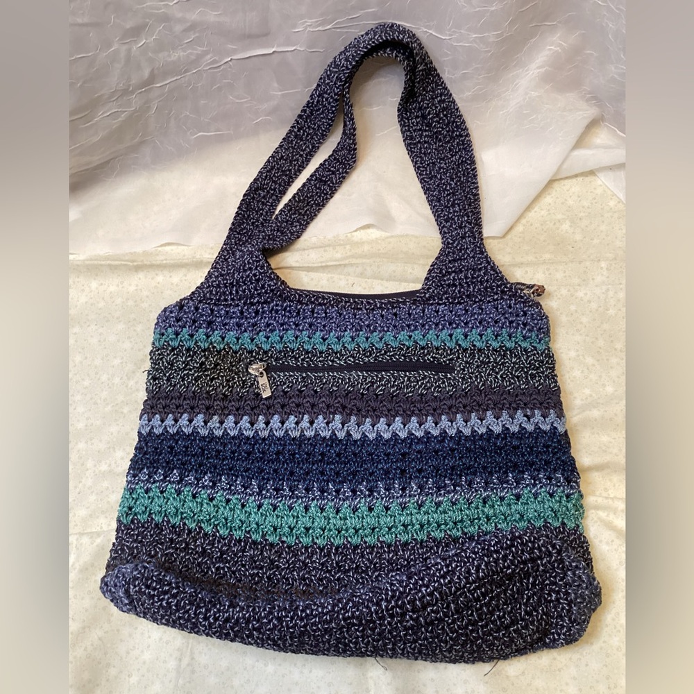 The Sak Womens‎ Crochet Purse Tote Bag Blue/Green Zipper/ Pockets Beach Colors